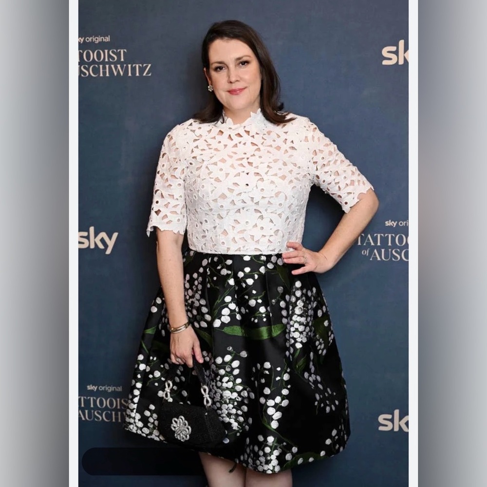 Oscar de la Renta Black A-Line dress with White Floral lace and Green Floral